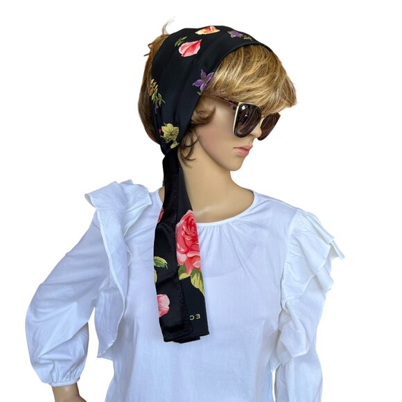 Echo Black Silk Scarf Pink Floral Print Neck Headband Ponytail Bow Bag Accessory - Picture 9 of 11